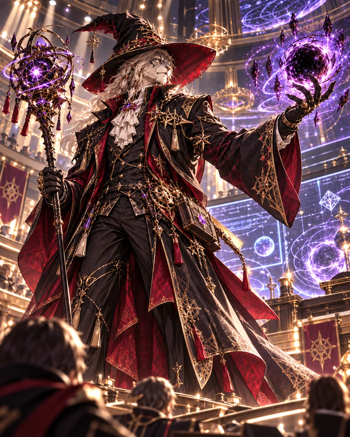 A white-furred Hrothgar in ornate black-and-red mage robes, holding a staff and a violet magical sphere inside a luminous lecture hall.